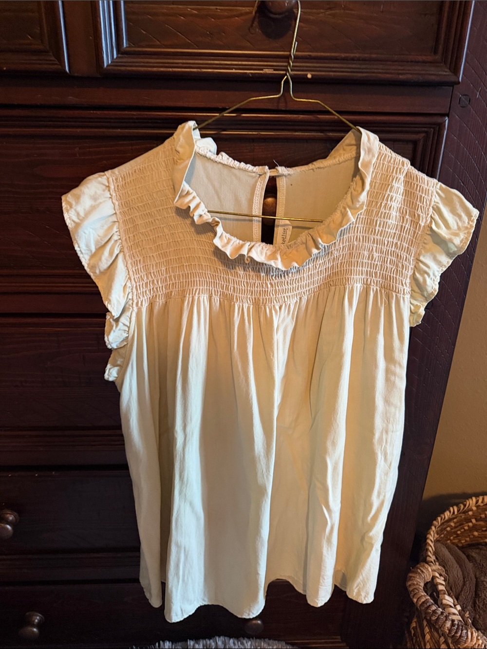 BUCKETLIST Cream Smocked Ruffle Neck Flutter Sleeve Blouse